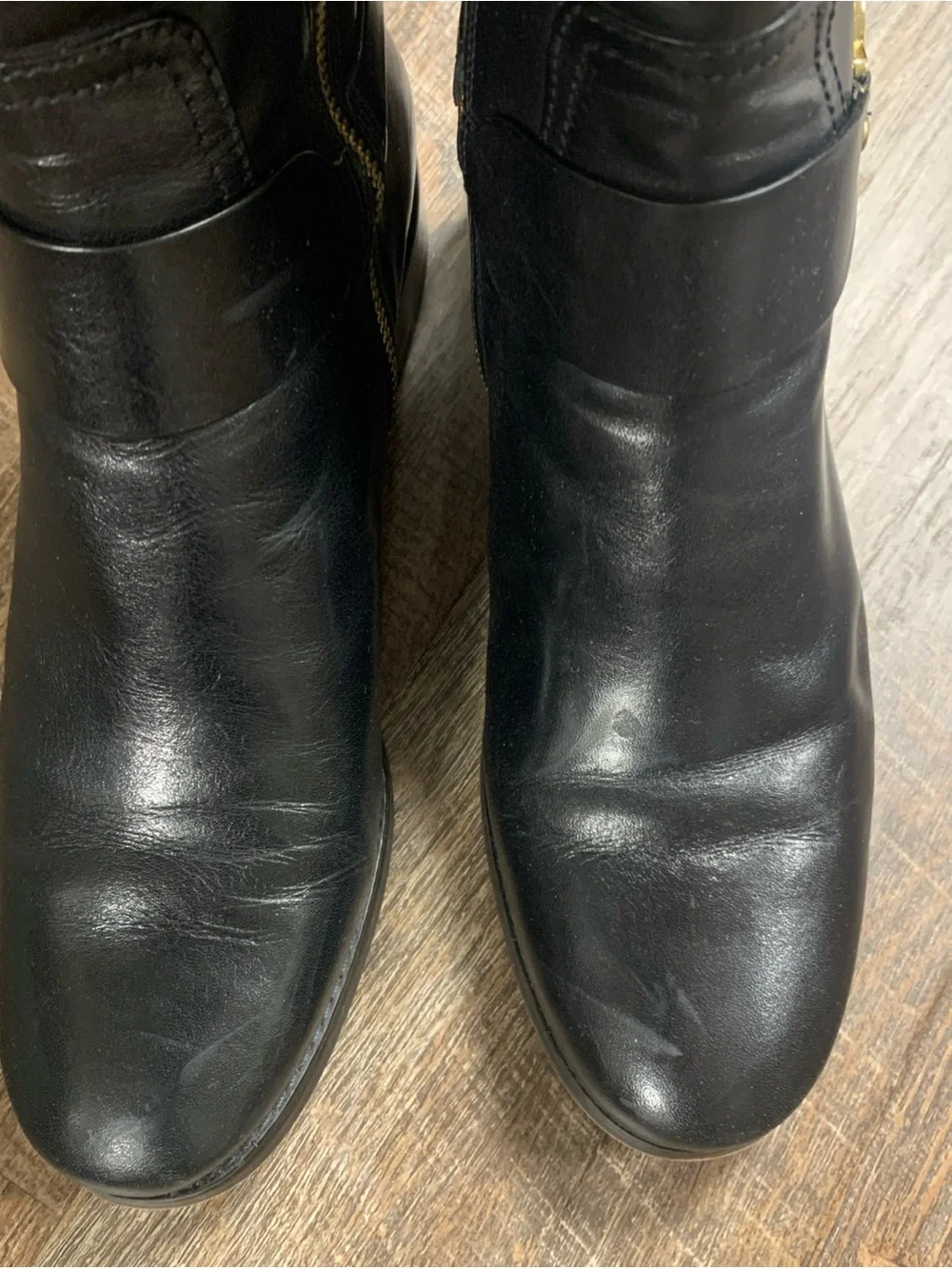Michael Kors Black and Brown Leather Knee Boots with Gold MK Emblem